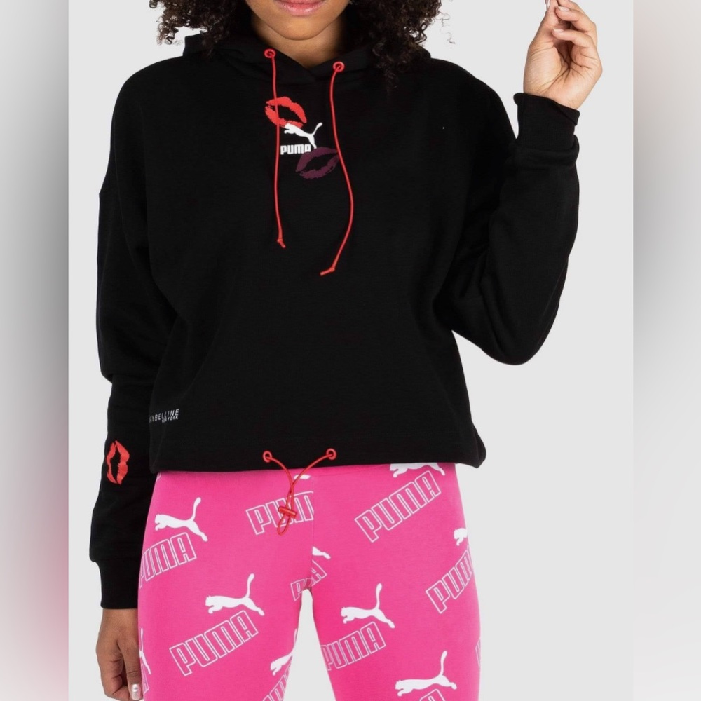 Puma x Maybelline Womens Black Cotton LS Drawstring Cropped Hoody Sz S NWT - Picture 3 of 15